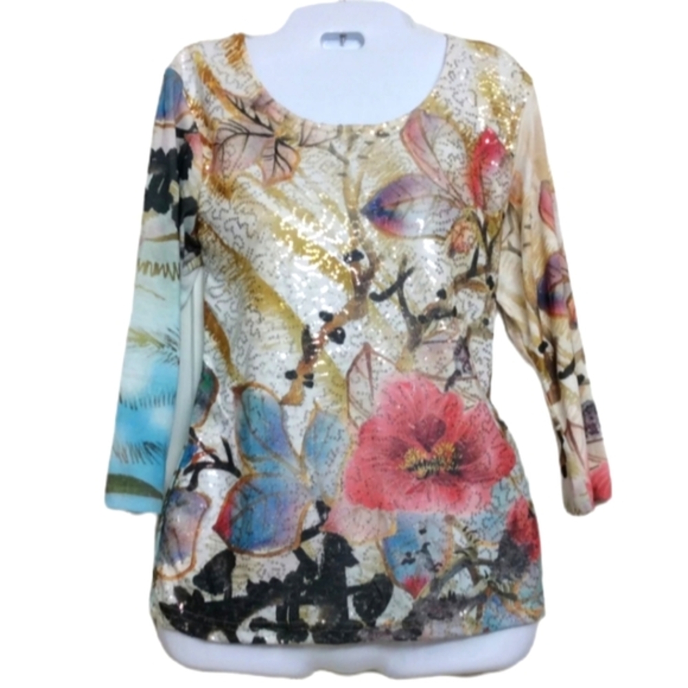 Patchington sz M Floral Sequined Beaded‎ Top